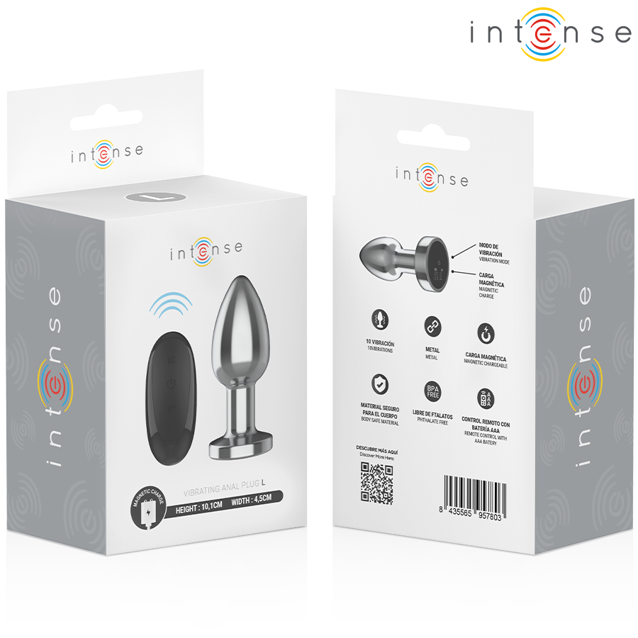 Metal anal plug with tapered tip and black wireless remote control in packaging.