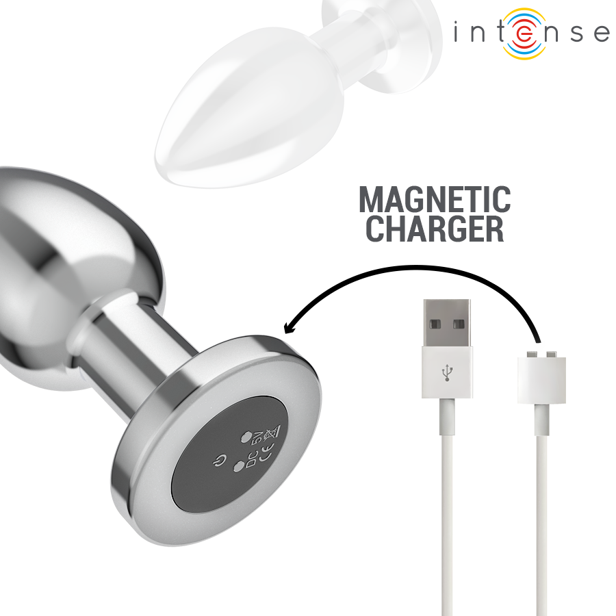 Metal anal plug with smooth tapered shape and magnetic USB charger cable.