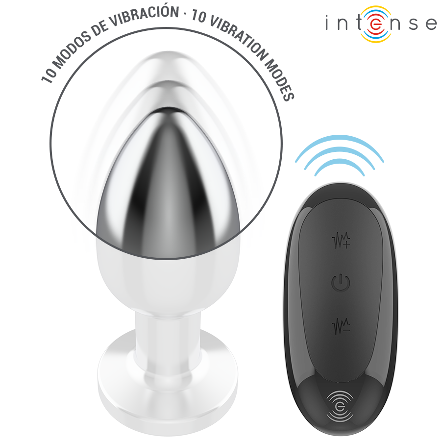 Silver metal anal plug with flared base and black remote control with buttons and wireless symbol.