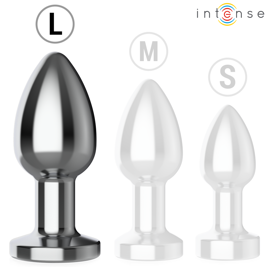 Large metallic tapered anal plug with flared base, smooth reflective surface.