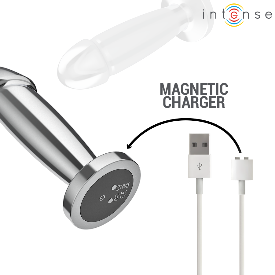 Metal anal plug with smooth tapered tip and magnetic USB charger cable shown separately.