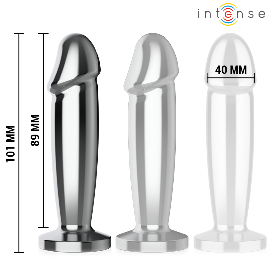 Metal anal plug with curved tip, flared base, 101mm length, 40mm diameter, polished finish.
