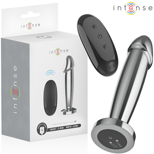 Polished metal anal plug with curved tip and black remote control beside white packaging box.