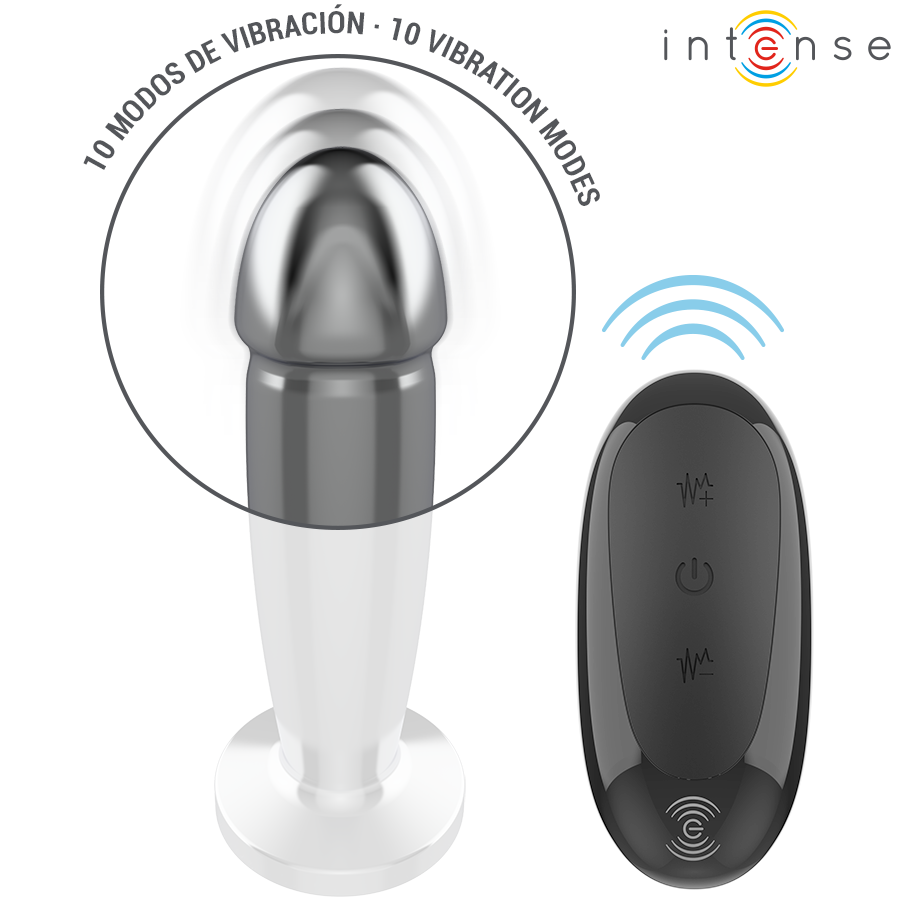 Metal anal plug with tapered tip and flared base, black remote with three control buttons.