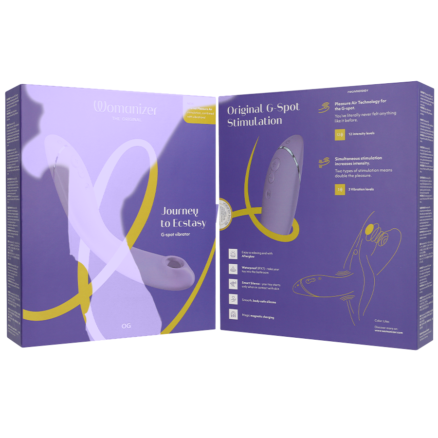 Lilac Womanizer OG G-Spot vibrator with curved design and flexible tip, shown with open purple packaging displaying product.