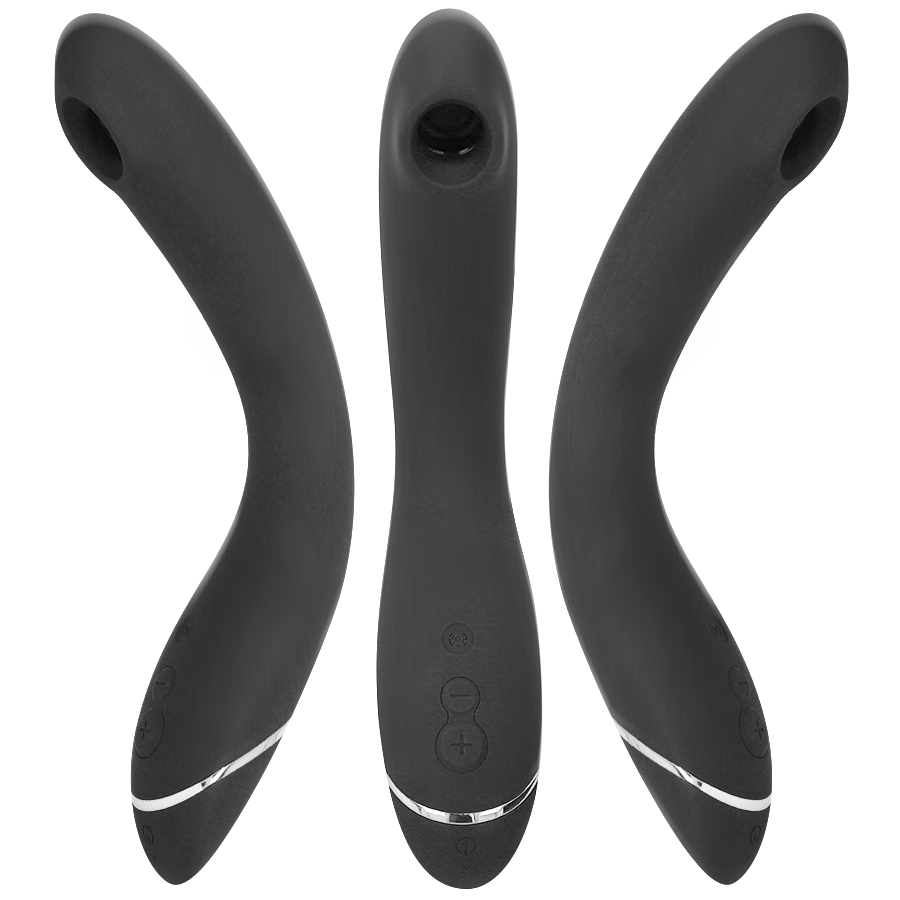 Slate gray curved G-spot vibrator with silicone body, control buttons, and silver accent ring.
