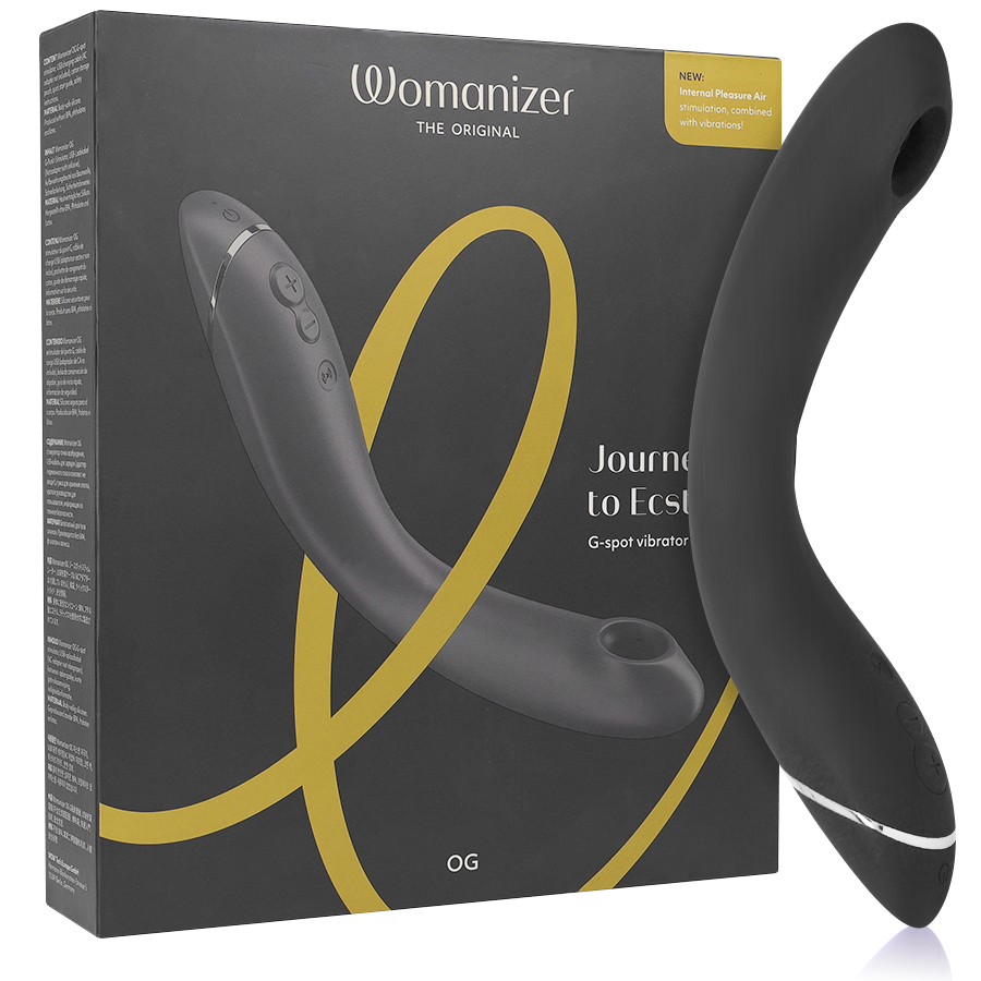 Slate gray curved G-spot vibrator with ergonomic design and control buttons displayed next to black and gold Womanizer OG.