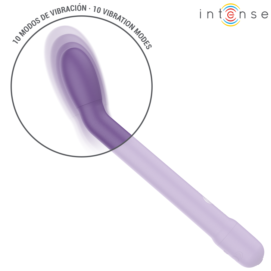 Purple curved G-spot stimulator with smooth texture and 10 vibration modes indicator.