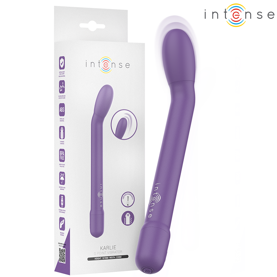 Purple curved G-spot stimulator with smooth matte finish and tapered tip next to white packaging box.