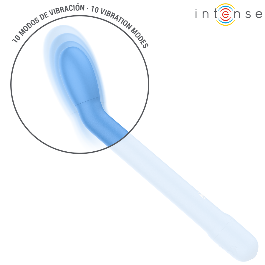 Blue curved vibrator with rounded tip and smooth matte finish, designed for targeted stimulation.