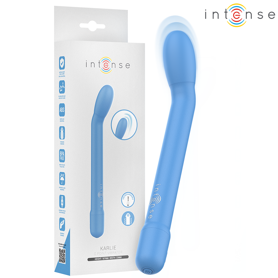 Blue silicone G-spot stimulator with curved tip and rounded base, rechargeable design with control buttons.