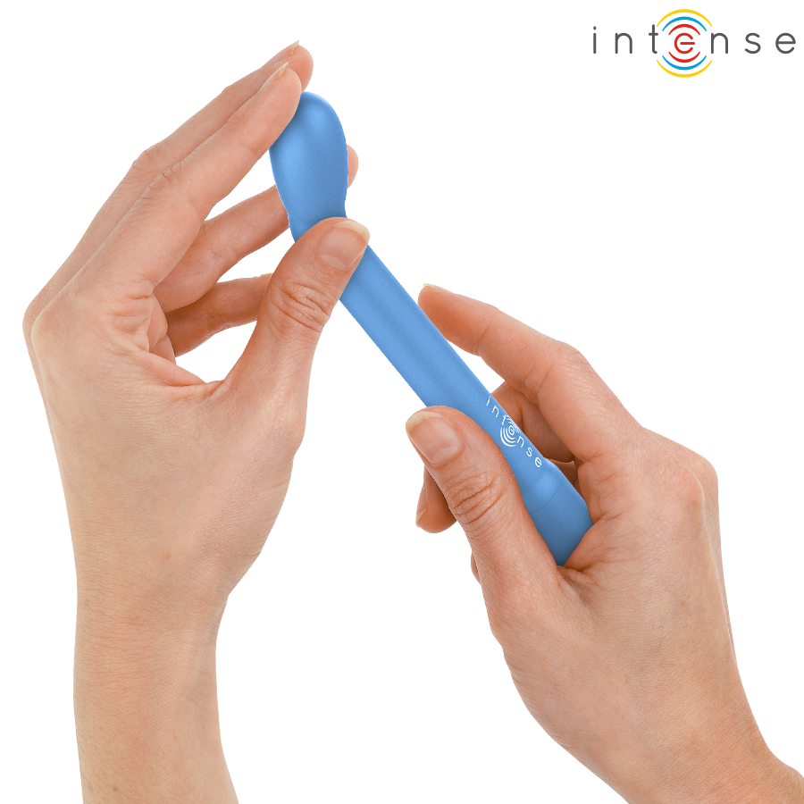 Blue rechargeable G-spot stimulator with ergonomic curved tip held in two hands.