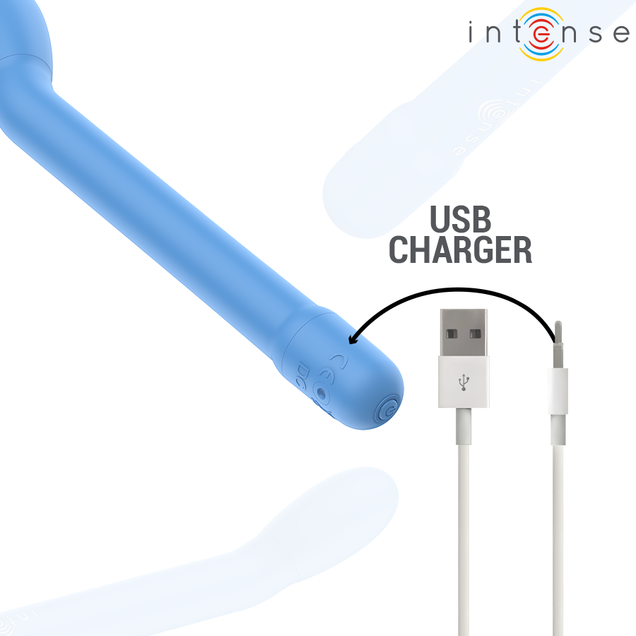 Blue curved G-spot stimulator with rounded tip and USB charging cable.