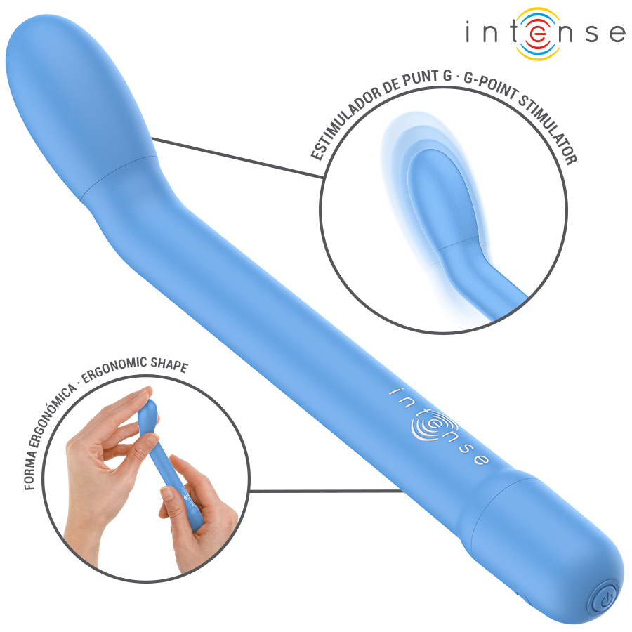 Blue ergonomic G-spot stimulator with curved tip and smooth matte finish.