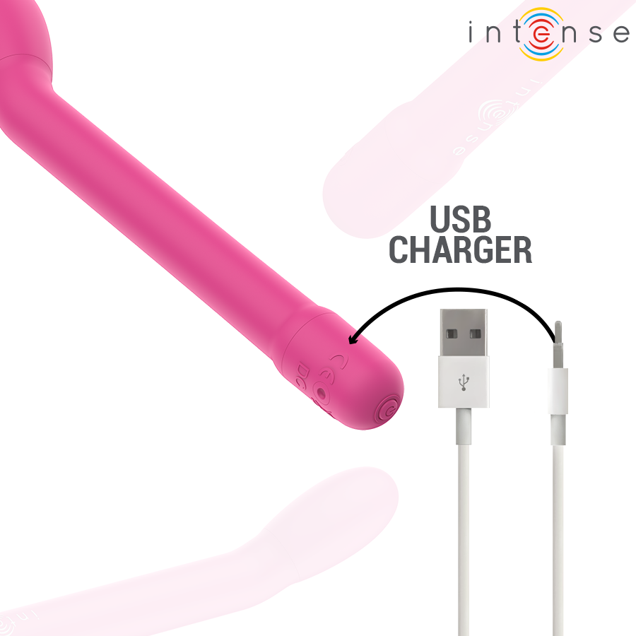 Pink ergonomic G-spot stimulator with a curved tip and USB charging cable.