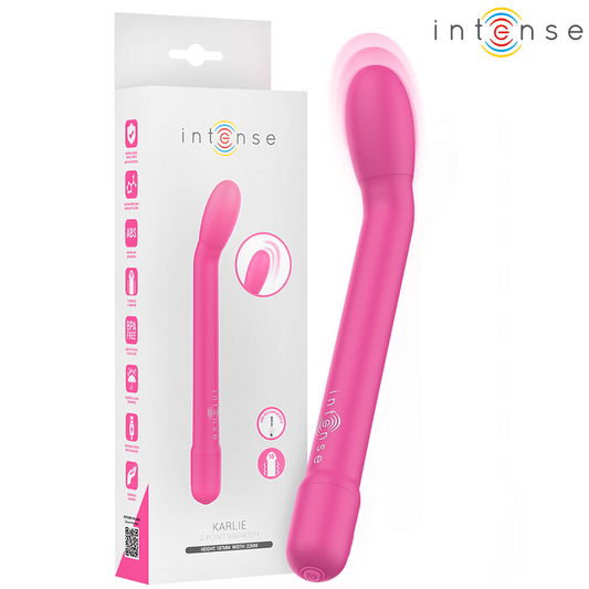 Pink silicone rechargeable G-spot stimulator with curved tip and control buttons.