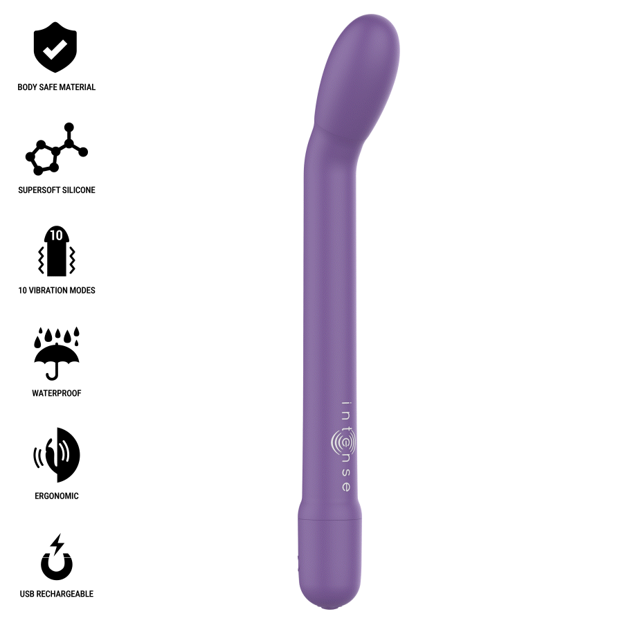 Purple silicone G-spot stimulator with curved tip and ergonomic shape, USB rechargeable design.