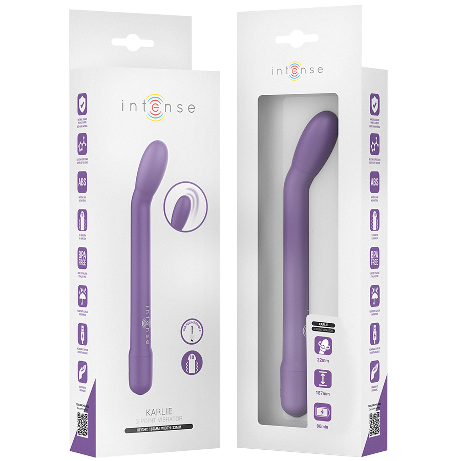 Purple curved G-spot stimulator with smooth silicone surface, presented in white packaging with icons and product name.