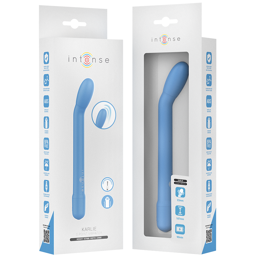 Blue curved rechargeable G-spot stimulator with sleek silicone finish in white box packaging.