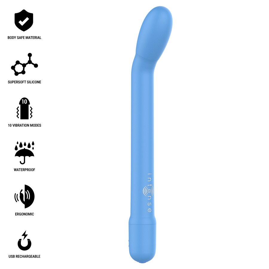 Blue silicone rechargeable G-spot stimulator with curved tip and ergonomic design.