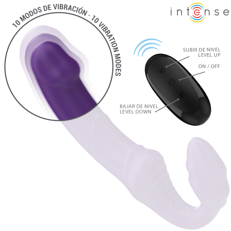 Purple flexible double vibrator with curved shaft and remote control showing level up, level down, and on/off buttons.