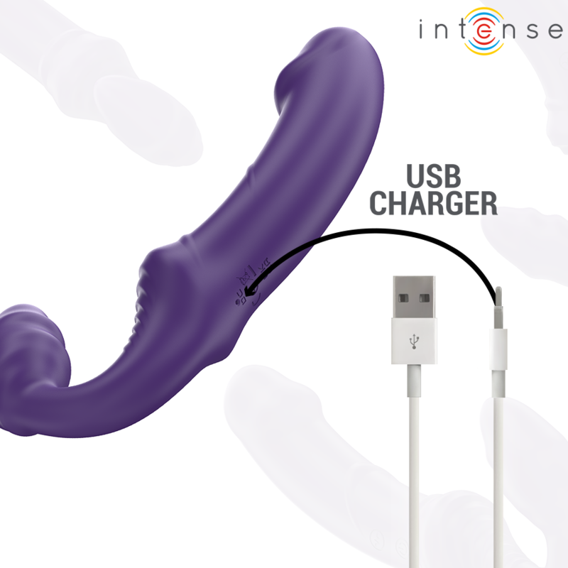 Purple curved vibrator with dual stimulation design and USB charging cable on white background.