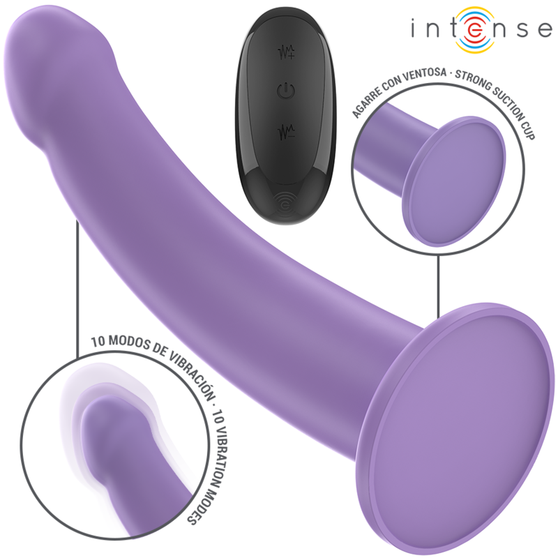 Purple curved vibrator with suction cup base and black remote control with three buttons.