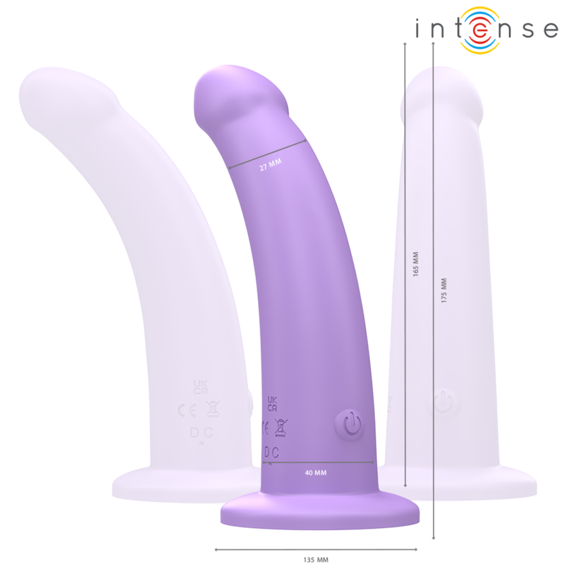 Purple curved vibrator with rounded tip and flat base, featuring power button and 17.5 cm length markings.