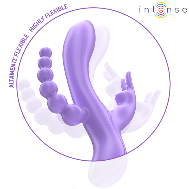 Purple flexible triple vibrator with rabbit ears and textured anal beads showing motion range.