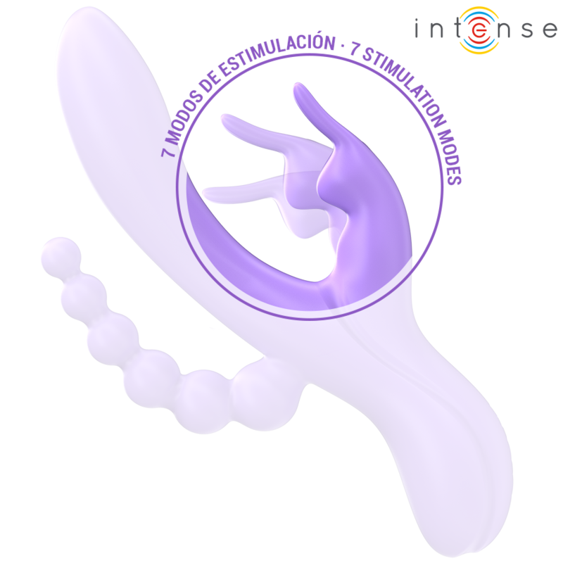 Purple triple vibrator with rabbit ears, curved stimulator, and beaded anal attachment, 7 vibration modes.