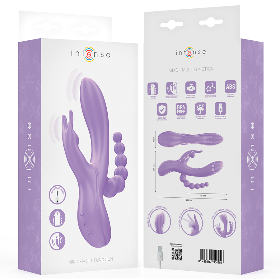 Purple multifunction vibrator with rabbit ears, anal beads, smooth curves, and control buttons on the handle.