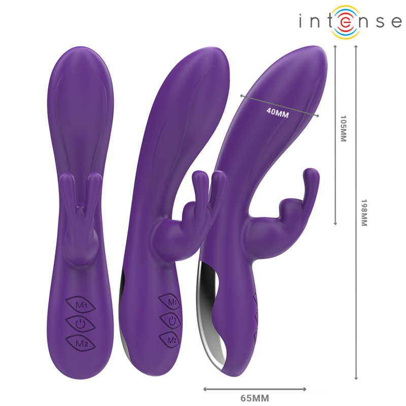 Purple rabbit vibrator with curved shaft, ergonomic handle, and three-button control panel.