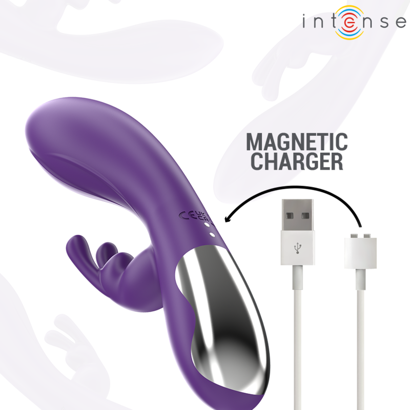Purple curved vibrator with silver handle and built-in clitoral stimulator, includes magnetic USB charger.