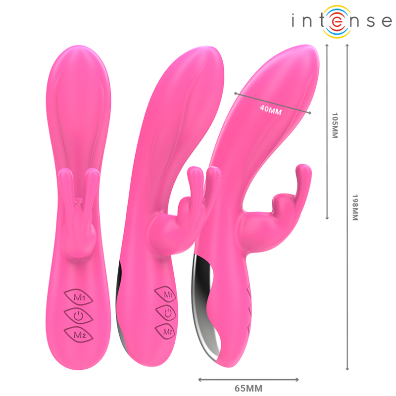 Pink silicone vibrator with curved tip and rabbit-shaped clitoral stimulator, three control buttons.