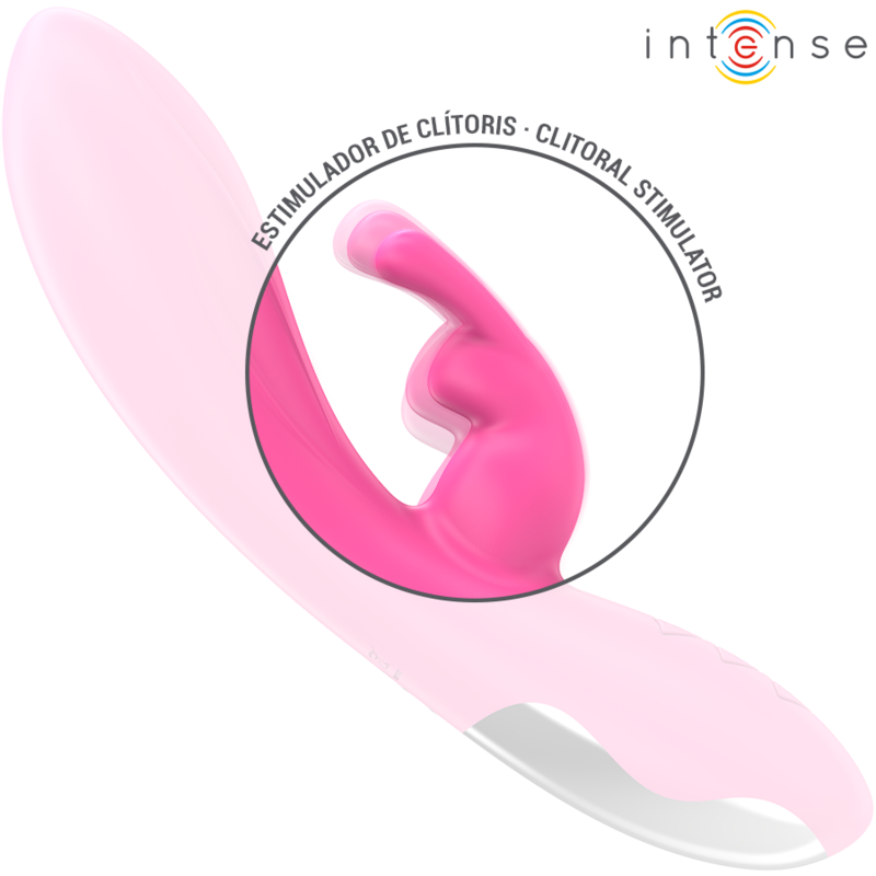 Pink rabbit vibrator with dual stimulation arms and smooth white handle controls.