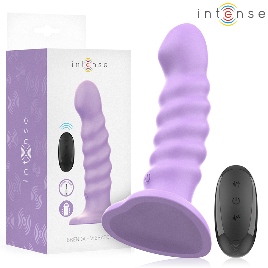 Purple spiral-shaped vibrator with curved tip and wide base, black remote control with three buttons, Intense branded.