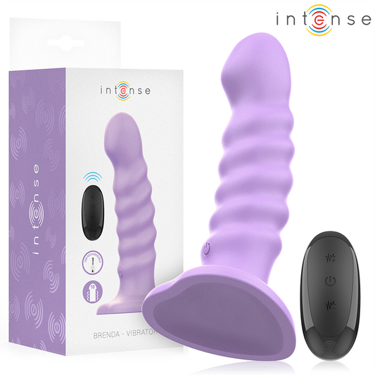 Purple spiral-shaped vibrator with curved tip and wide base, black remote control with three buttons, Intense branded.