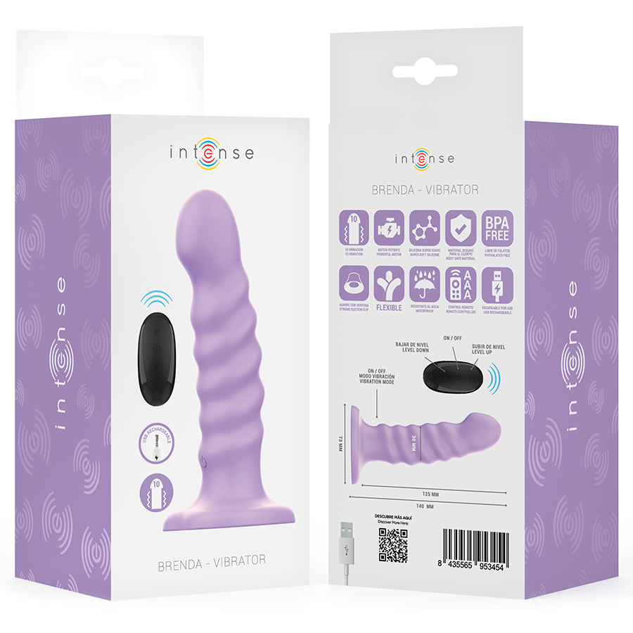 Purple spiral textured vibrator with black wireless remote and packaging showing product details and icons.