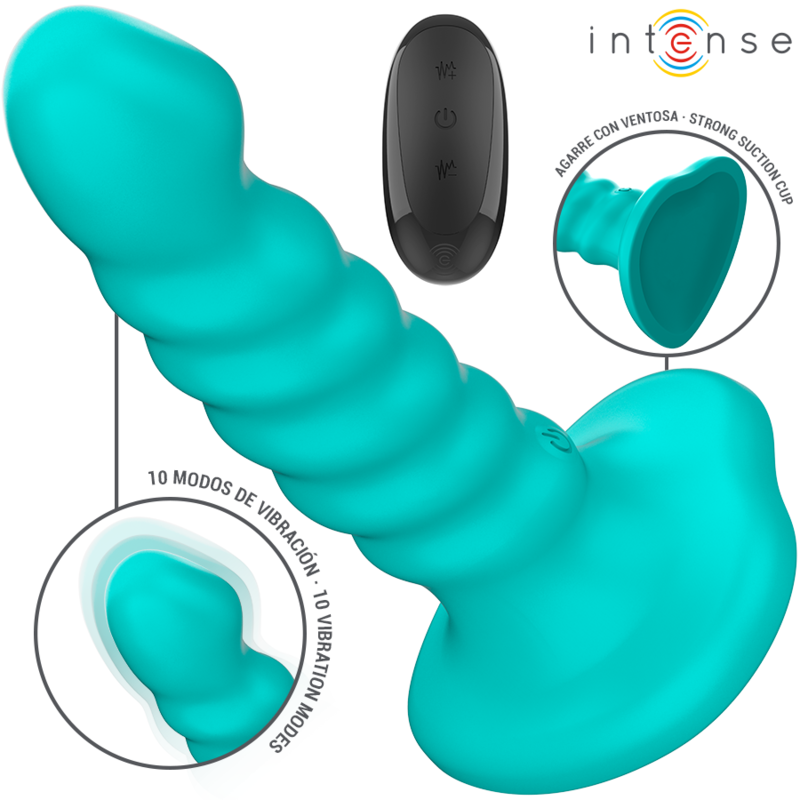 Blue silicone spiral vibrator with remote control and suction base, ergonomic design.