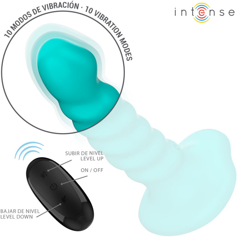 Blue spiral-textured vibrator with suction base and black remote control with button controls.