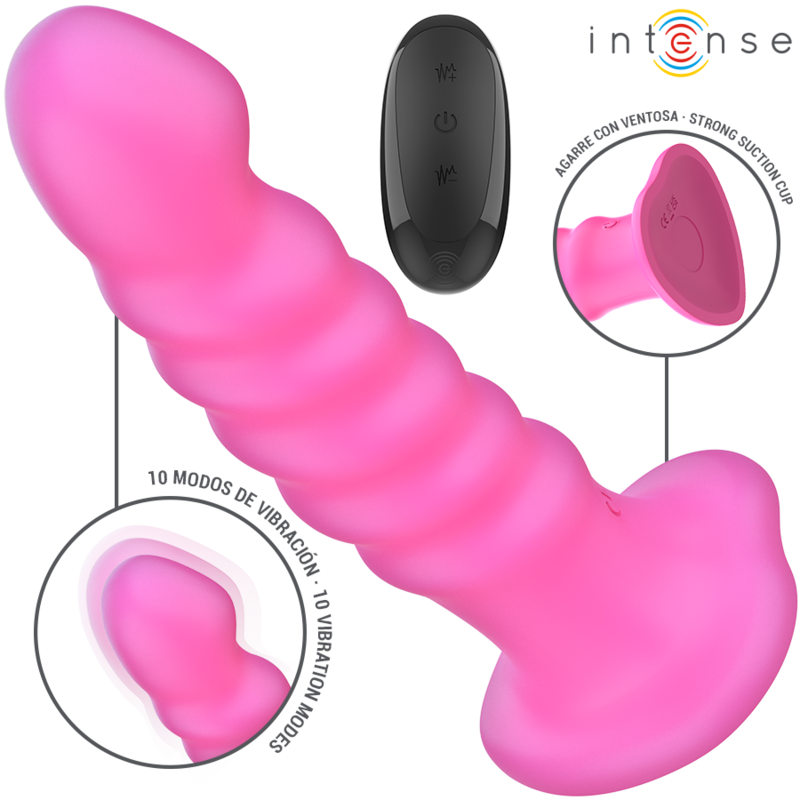 Pink silicone vibrator with spiral texture, contoured tip, flared base, and black remote control.