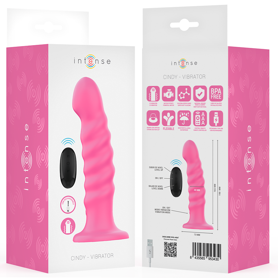 Pink spiral-shaped vibrator with remote control, smooth silicone, and ergonomic base.