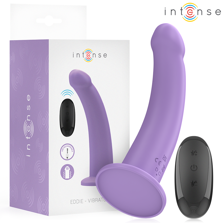 Purple silicone vibrator with curved tip and suction base, black wireless remote control.