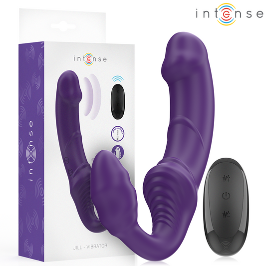 Purple double vibrator with curved shaft and textured base, paired with a black wireless remote control.