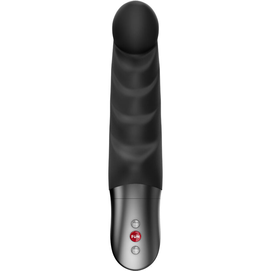 Black silicone G-spot vibrator with curved, textured shaft and silver control base with buttons.