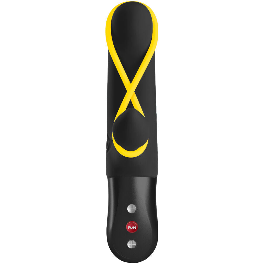 Black rabbit vibrator with yellow silicone loop and crescent moon design, ergonomic handle with buttons.