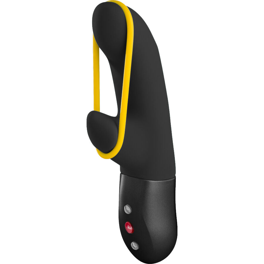 Black Amorino rabbit vibrator with yellow accent and ergonomic buttons on handle.