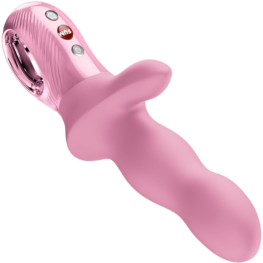 Pink curved vibrator with textured shaft and ergonomic handle with buttons and metallic accent.