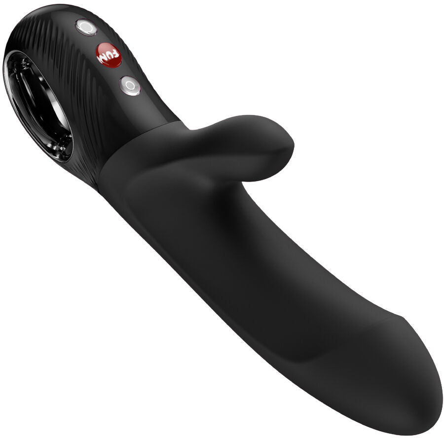 Black silicone dual-motor rabbit vibrator with ergonomic handle and thrusting shaft.
