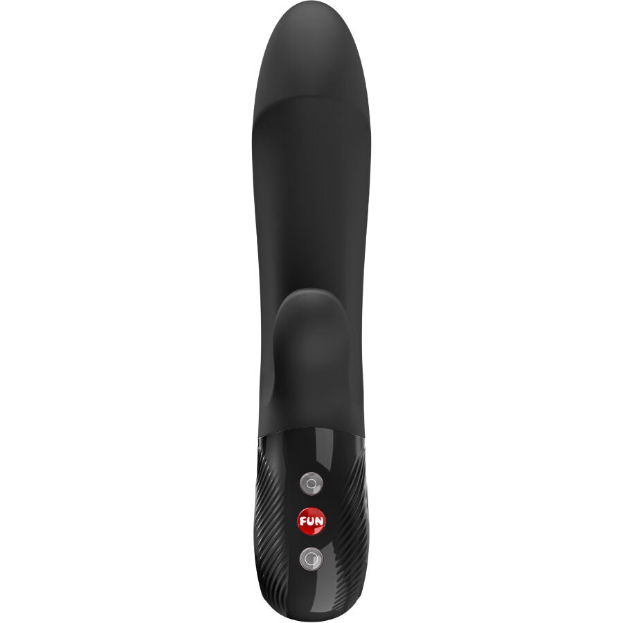 Black dual-stimulation rabbit vibrator with smooth shaft and textured control panel.